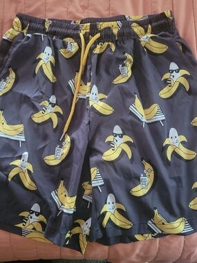 Men's Dark Gray Swim Trunks with Yellow Banana Print Size Small